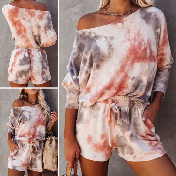 Rust/grey Pocketed Tie-dye Knit Shorts Set - Picture 3 of 13